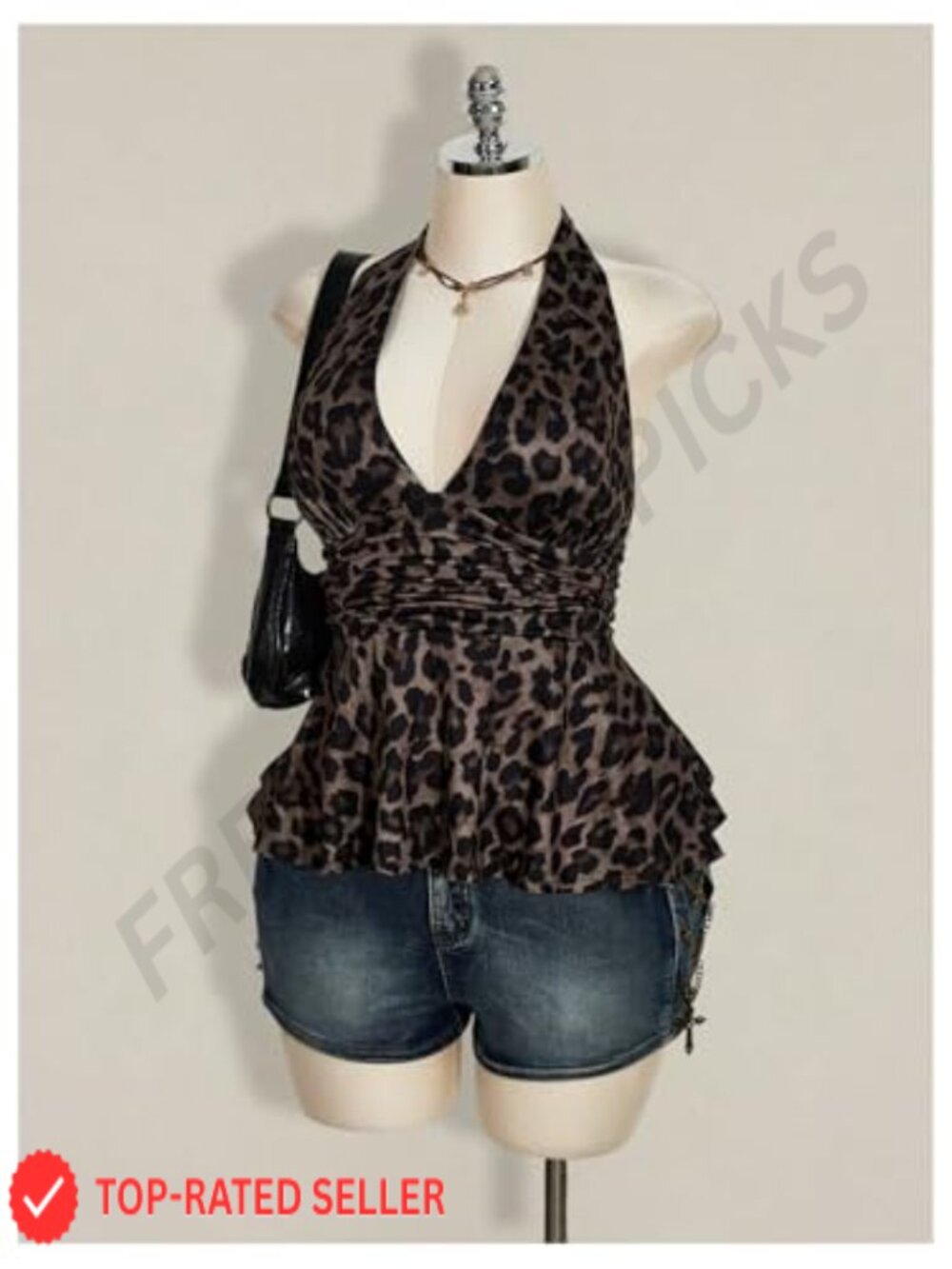 Plus Size Leopard Halter Peplum Top Ruched Ruffle Backless Party Top - Picture 4 of 4